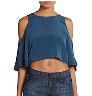 Elle Sasson 100% Silk Teresa Navy Blue Cold Shoulder Flutter Keyhole Crop Blouse